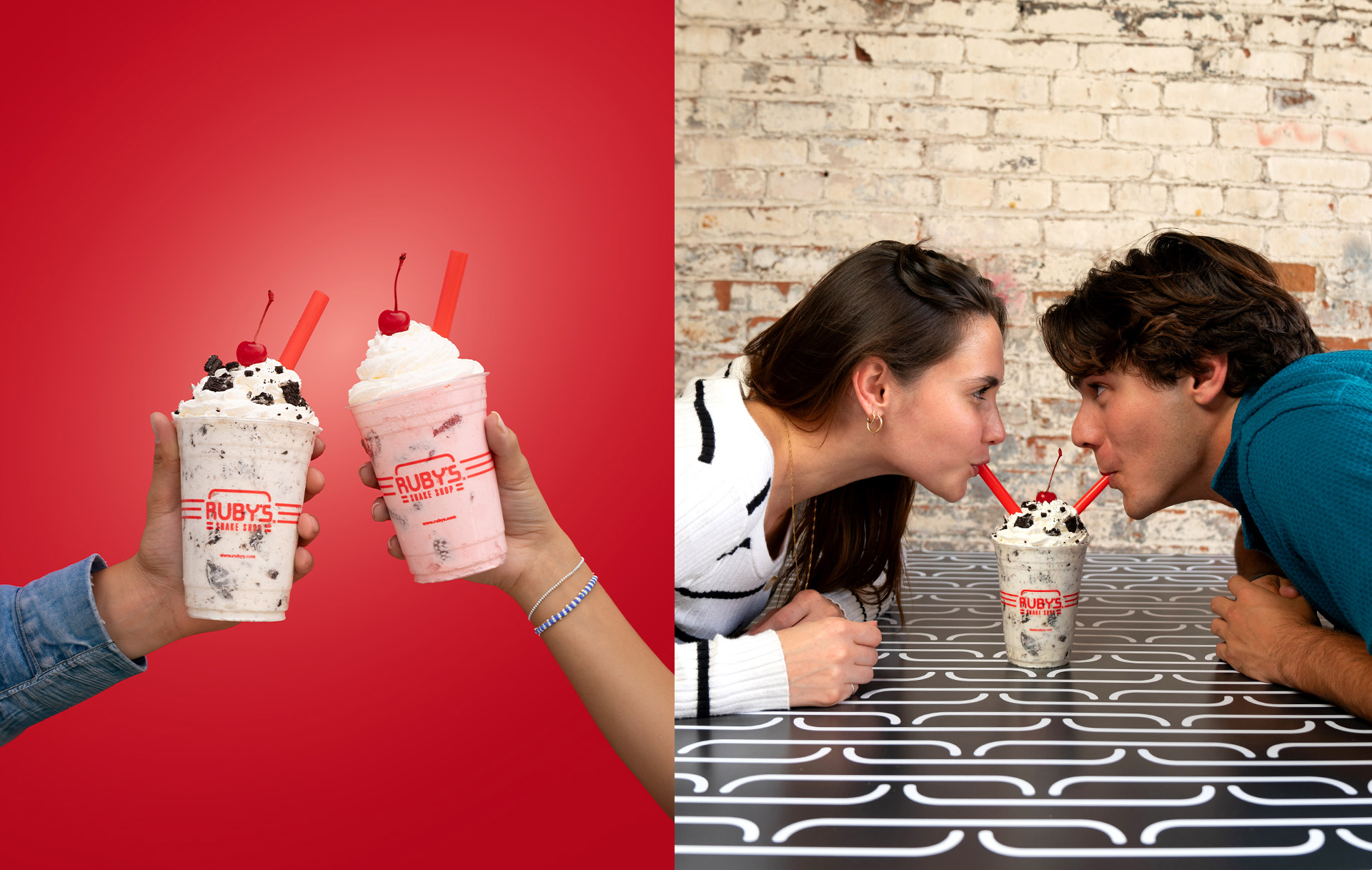 Left side: two different people's hands each holding a shake. Right side: A couple sharing a shake